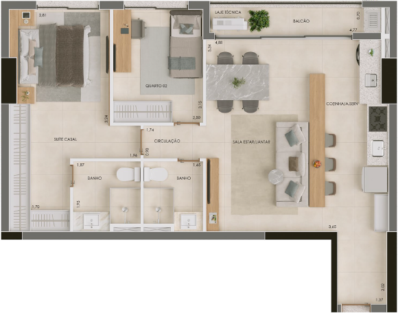 Planta do apartamento de 75 m² — 2 quartos, 1 suíte